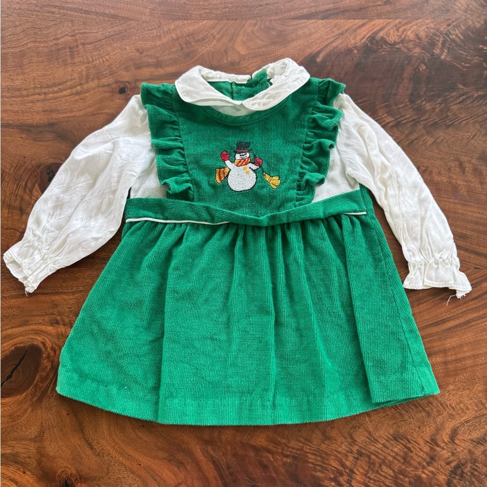 Vintage Sears Green Christmas Snowman Dress -toddler
